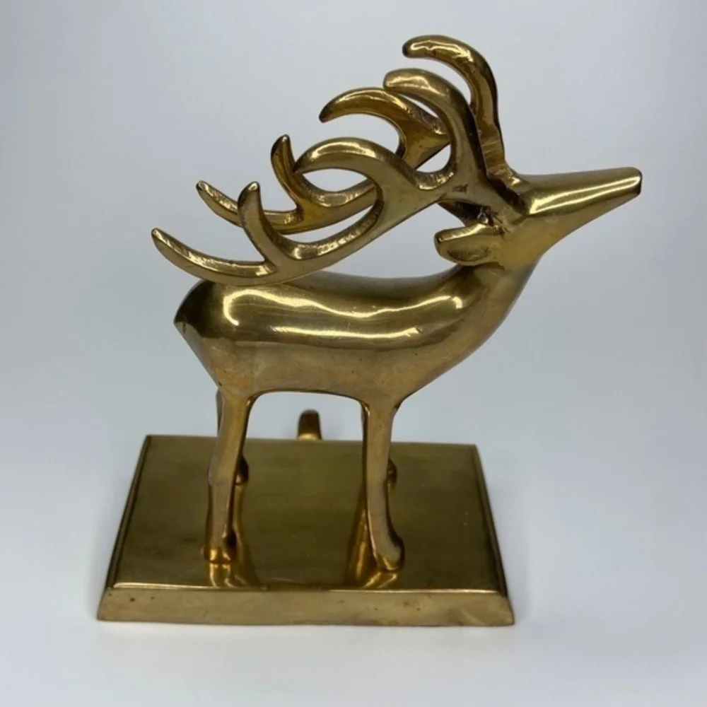 Pair of Brass Mantel‎ Holder Hangers Reindeer Christmas Holiday Stocking